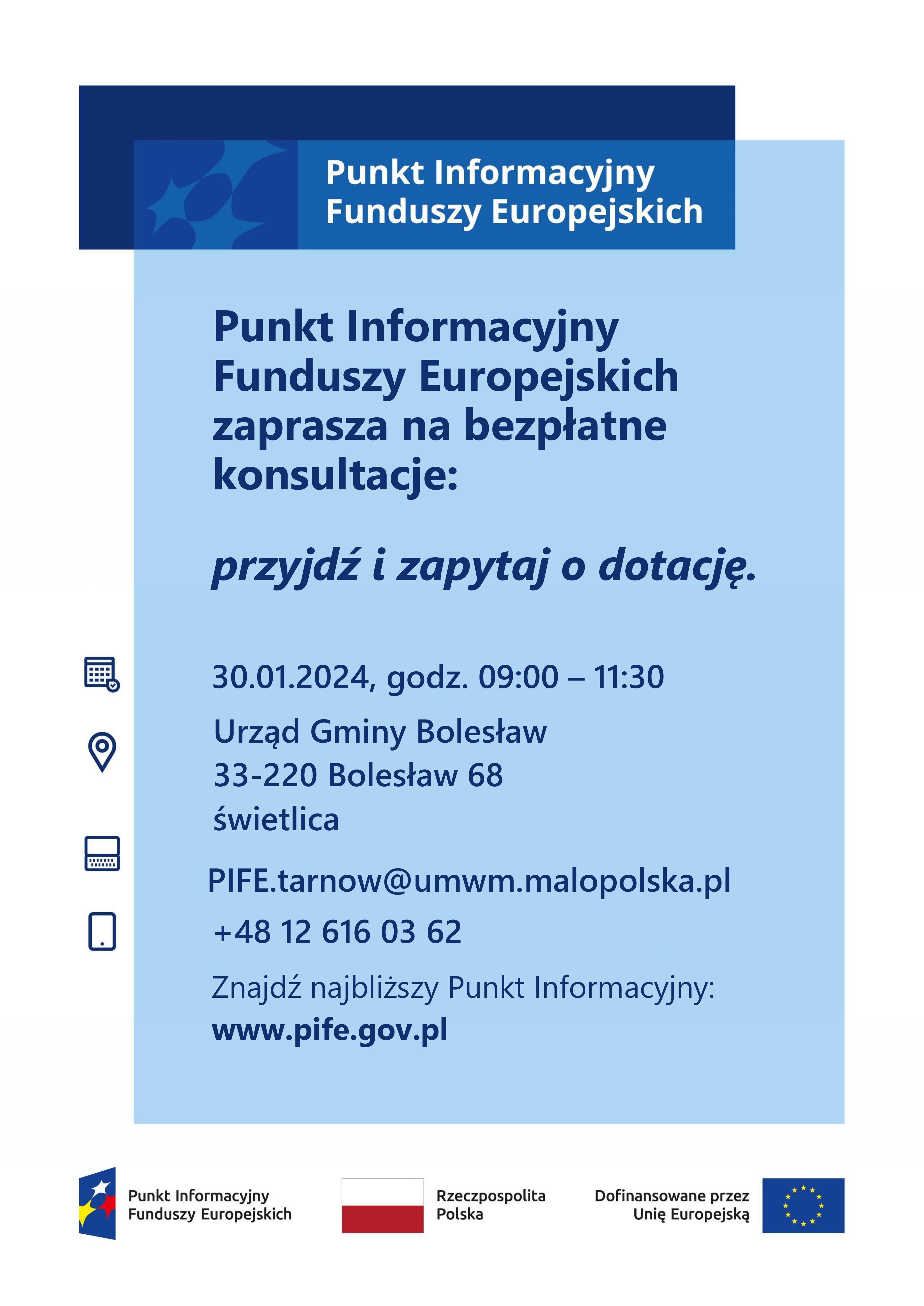 Plakat dot. dyżur konsultanta ds. Funduszy Europejskich dla mieszkańców gminy
